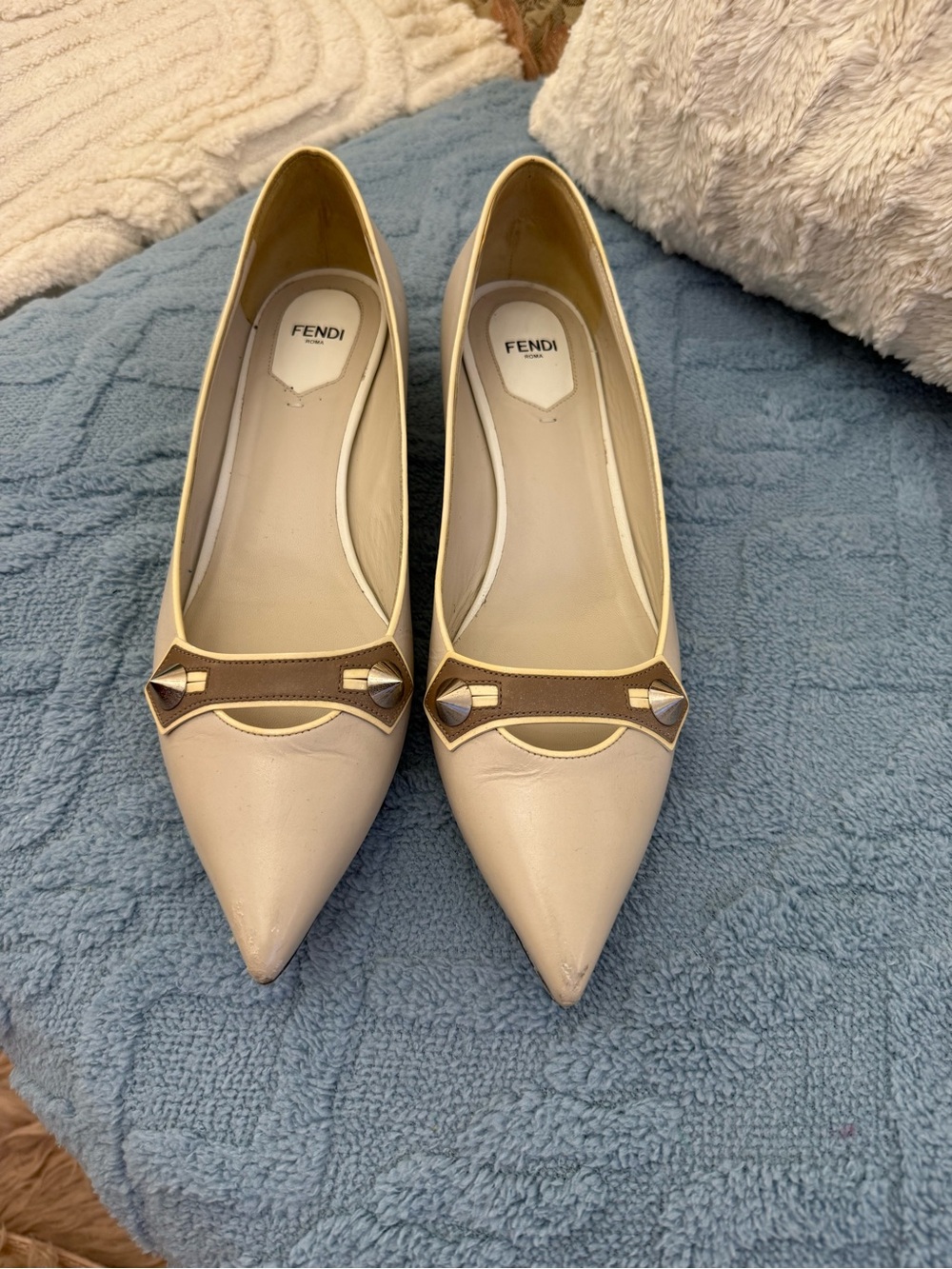 Fendi Cream Pointed Leather Flats with Brown Trim and Gold Stud Details